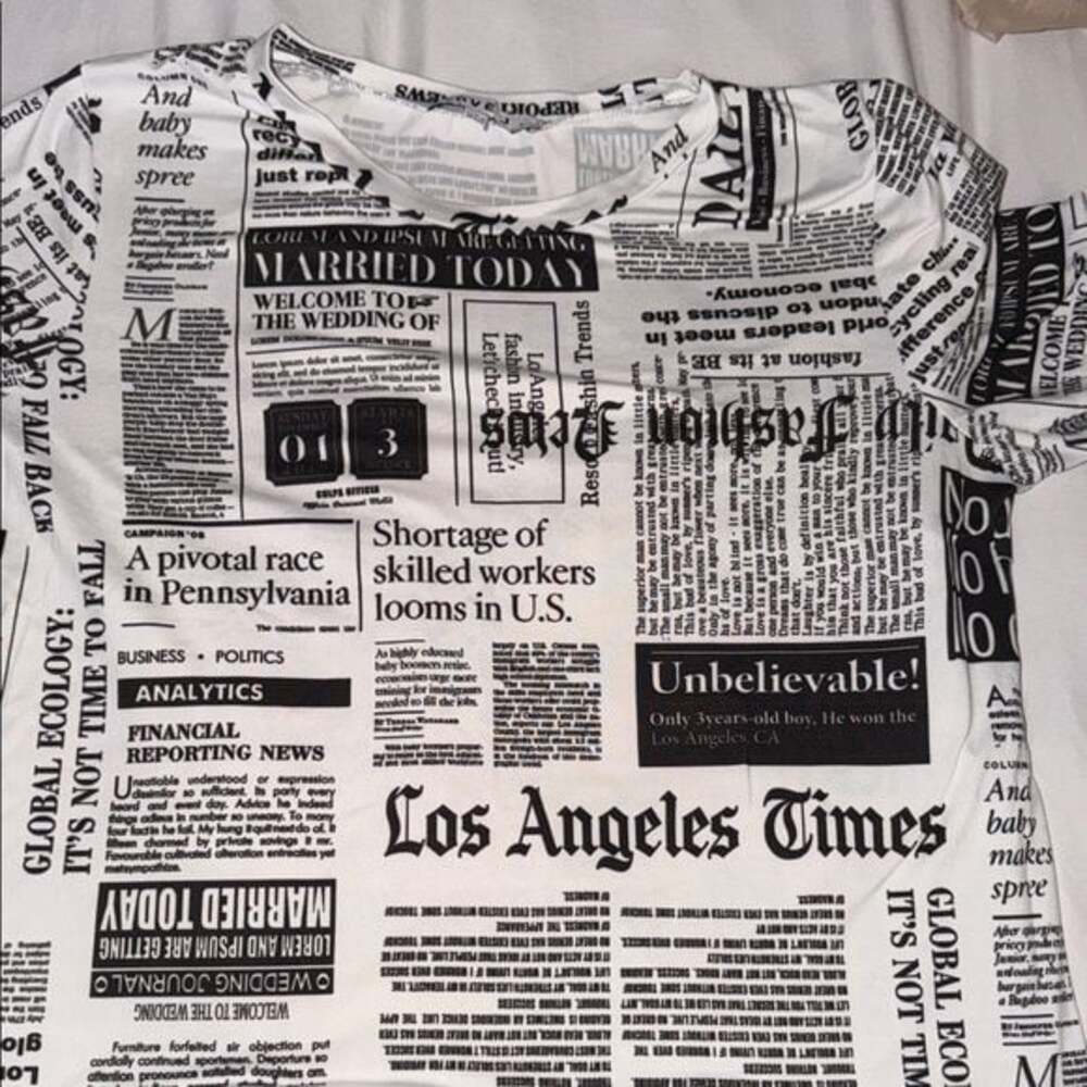 Love J Black and White Newspaper Print Tee